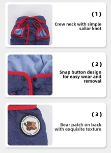 Close-up of quilted denim dog vest featuring sailor collar and bear patch details