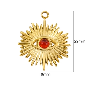 Detailed view of 18mm gold sunburst eye pendant with red gemstone and size markings