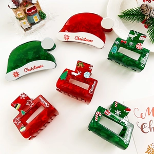 Christmas Hair Claw Clips Acetate Resin Festive Hat Square Reindeer Pattern Strong Grip For Women Girls Red Green Accessory