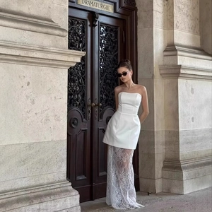 Women Tube Top And Lace Skirt Outfits Polyester Sheer Floral Streetwear Sexy Slim Fit Bodycon Party Evening Wear