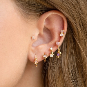 6-piece 18k gold earrings set with pink zircon heart and teddy bear motifs on ear