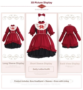 Detail view of burgundy Lolita dress set including bow headpiece and removable sleeves