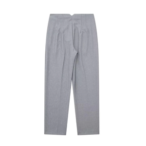 Detail view of charcoal gray casual trousers showing waist pleats and smooth fabric texture