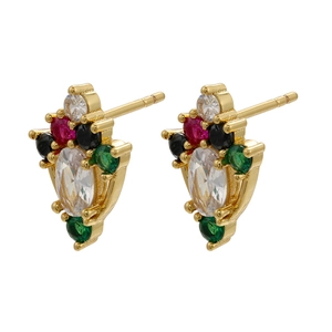 Macro shot of gold-plated stud earrings featuring colorful zircon stones in a shield cluster