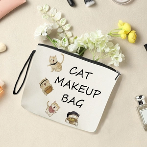 Chic cat illustration canvas makeup bag with black zipper and handle on floral background
