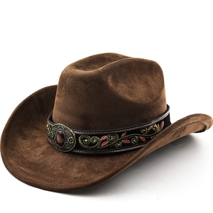 Western Cowboy Hat Faux Suede Wide Brim Vintage Embroidered Vine Band Gemstone Metal Buckle Fedora Style Ethnic Outdoor