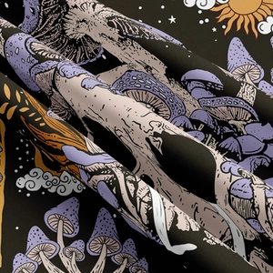 Detailed view of hippie mushroom tapestry fabric with vibrant digital prints