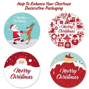 Set of four circular Merry Christmas stickers featuring Santa and festive holiday icons