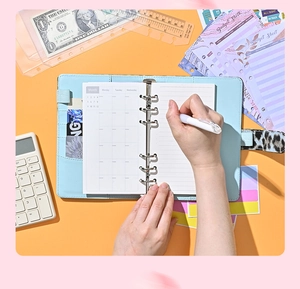 Close-up of light blue A6 PU budget binder with six-ring metal clip on orange background