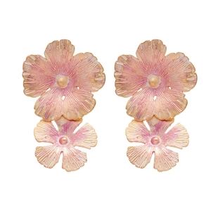 Vintage floral drop earrings with pink gold gradient enamel finish and textured petals