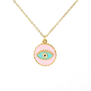 Gold stainless steel evil eye necklace with pink enamel pendant and blue eye detail