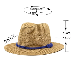 Panama straw hat with blue rope band and dimensions showing brim and crown measurements