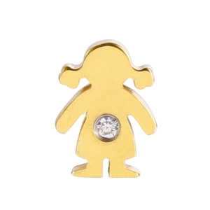 Détail d'un pendentif fille doré avec couettes et une pierre précieuse ronde claire