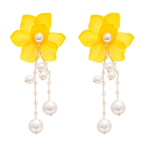 Handmade yellow lace flower earrings with white pearls and long golden tassel chains