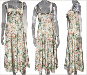 Vues détaillées de face, dos et côté d'une robe midi fleurie à bretelles sur un mannequin