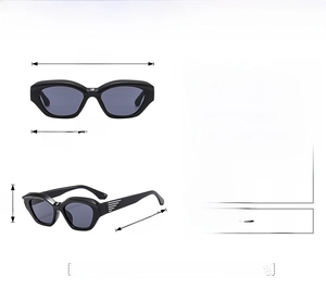 Detailed size chart for Y2K street style jelly sunglasses showing frame and lens dimensions