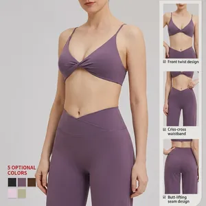 Two-piece purple yoga set with twisted sports bra and cross-waist leggings in 5 colors