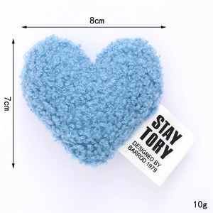 Blue 8cm plush heart-shaped accessory for clothing and bags with size specifications