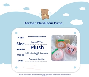 Macro detail of plush pig and rabbit coin pouch with 9x9x4cm size dimensions