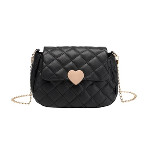 Chic black quilted crossbody bag with golden heart-shaped lock and chain strap
