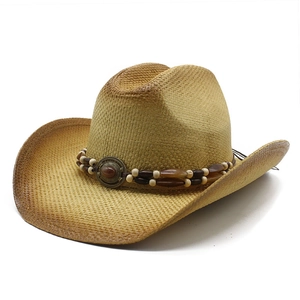 Natural straw Panama jazz hat with bead strap and turquoise stone decoration