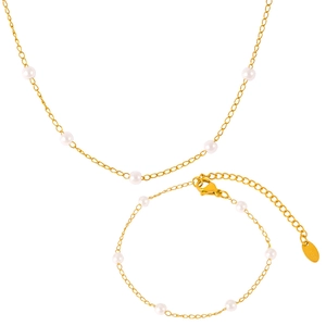 Elegant gold titanium steel jewelry set featuring white pearl beaded necklace and bracelet