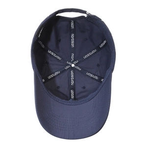 Men's navy blue baseball cap interior detail showing sweatband and reinforced seams
