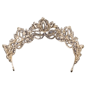 Elegant gold baroque bridal crown with hollow lace vine pattern and clear zircons