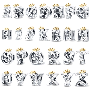 Initial Letter Alphabet Charm Bead Silver Plated Copper Gold Crown Rhinestone DIY Jewelry Accessories For Bracelets