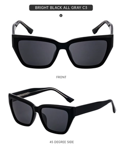 Detailed front and side views of bright black cat-eye sunglasses with grey lenses