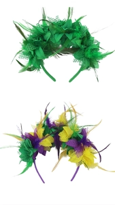 Detail view of carnival feather headband with mesh lace and vibrant artificial flowers