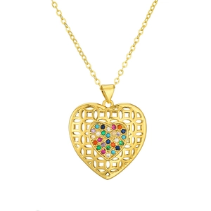 Golden heart necklace featuring hollow metal pattern and colorful zircon stones on white background