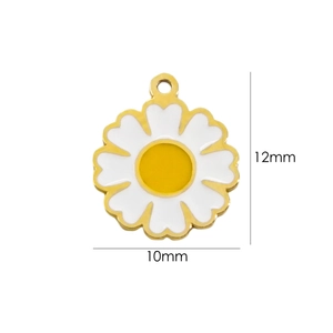 Detail of 10x12mm white daisy enamel charm with gold plating and size measurements