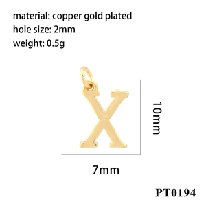 Macro view of gold plated copper letter X pendant with detailed size and weight specs