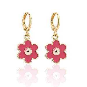 Detail of red flower drop earrings with evil eye motif and 18K gold plated hoops