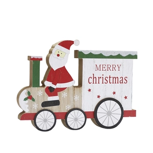 Wooden Christmas train ornament with Santa Claus and Merry Christmas text on white background