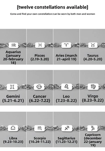 Grid view of 12 silver zodiac bracelets featuring rectangular engraved metal plates