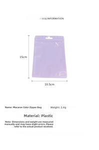 Detail view of macaron purple resealable plastic bag measuring 15cm x 10.5cm with hanging hole