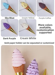 Detail of colorful artificial ice cream cones with detachable golden paper holders