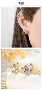 Detail of cross flower zircon earrings in gold and silver finish on model and display
