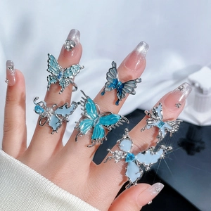 Butterfly Open Ring Copper Blue Enamel Adjustable Irregular Liquid Metal Aesthetic Jewelry For Women