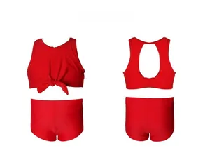 Front and back view of girls' red two-piece high neck bikini set with decorative bow