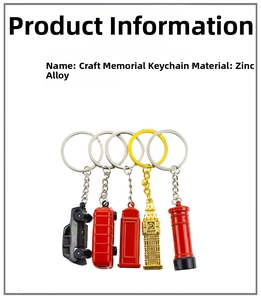 Detail view of 5 London souvenir keychains including double decker bus and zinc alloy phone booth