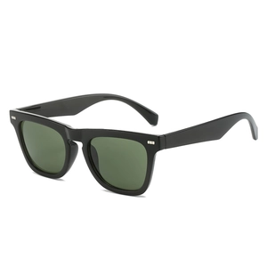 Retro square black frame sunglasses with green lenses and silver rivet accents