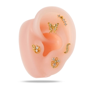 Golden butterfly heart stud earring set with sparkling white rhinestones and pearls