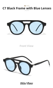 Retro double-bridge sunglasses with black frames and translucent blue lenses