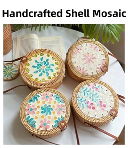 Detailed view of handwoven round rattan bags with inlaid natural seashell floral patterns