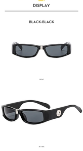Detailed front and side view of trendy rectangular black sunglasses with metallic hinges