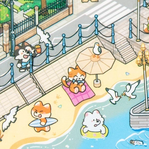3D isometric miniature city stickers featuring cute cartoon animals on a summer beach scene