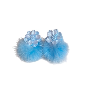 Elegant blue resin flower and faux fur pompom earrings with silver needles for women